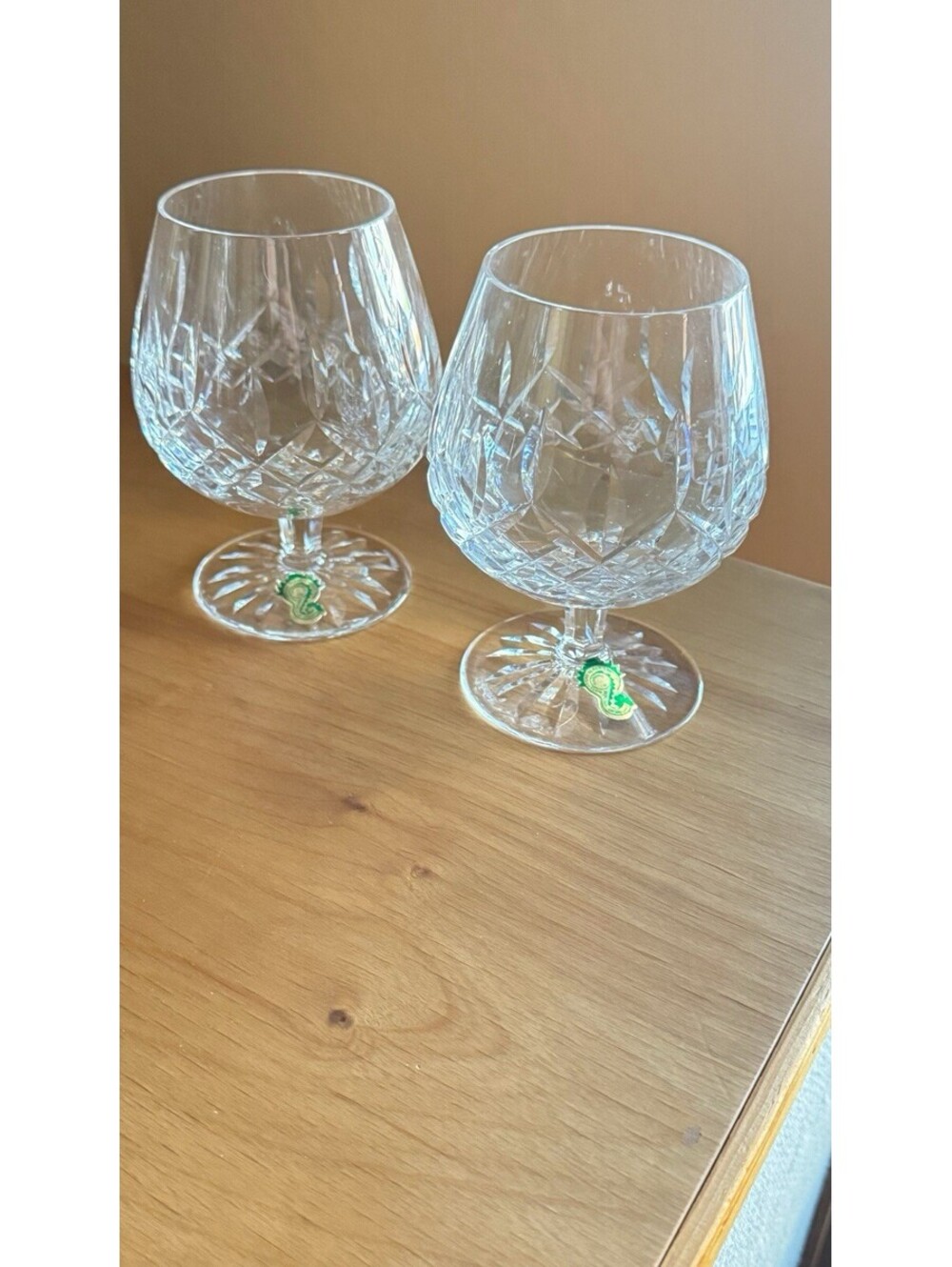 2 WATERFORD Lismore 5 1/4" Brandy Snifter Glasses Stickers & Old English Marks